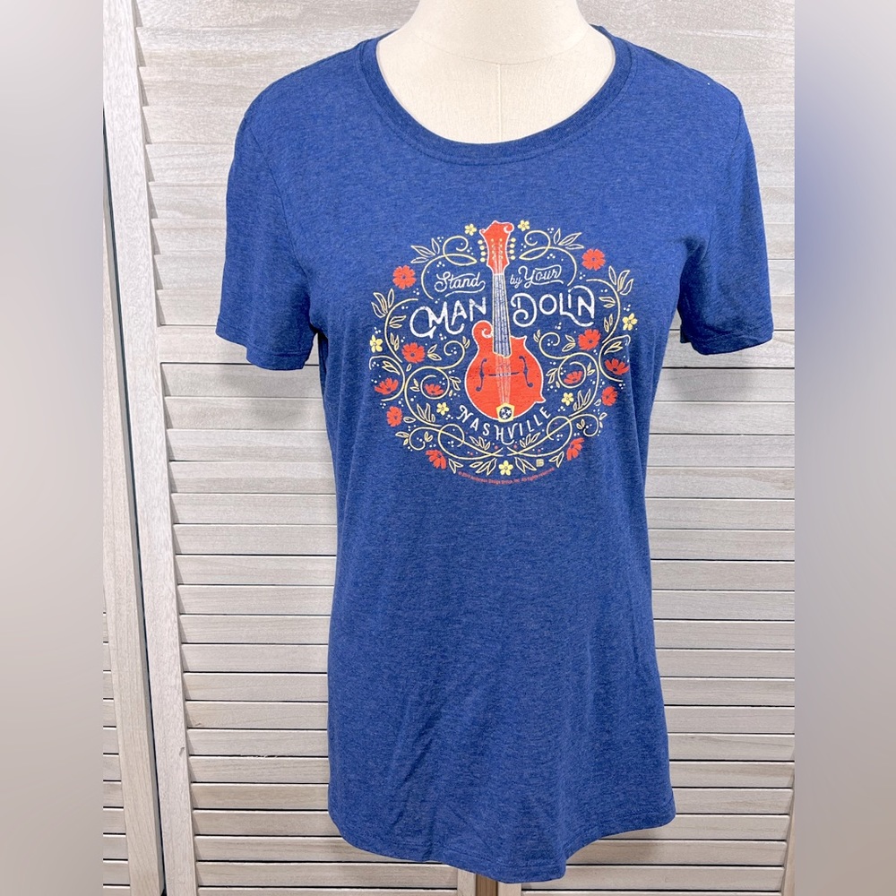 JERZEES Nashville T-Shirt w "Stand by Your Mandolin" Graphic Blue-Medium